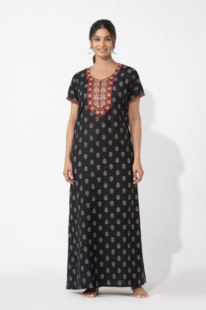 Floral Printed & Embroidered Black Nighty