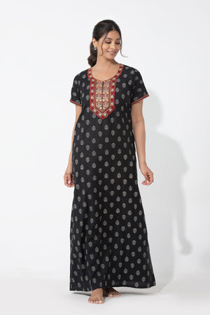 Floral Printed & Embroidered Black Nighty