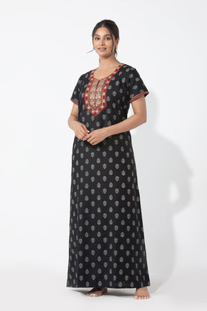 Floral Printed & Embroidered Black Nighty