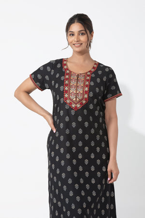 Floral Printed & Embroidered Black Nighty