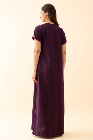 All Over Floral Printed Nighty With Embriodered Neckline Purple