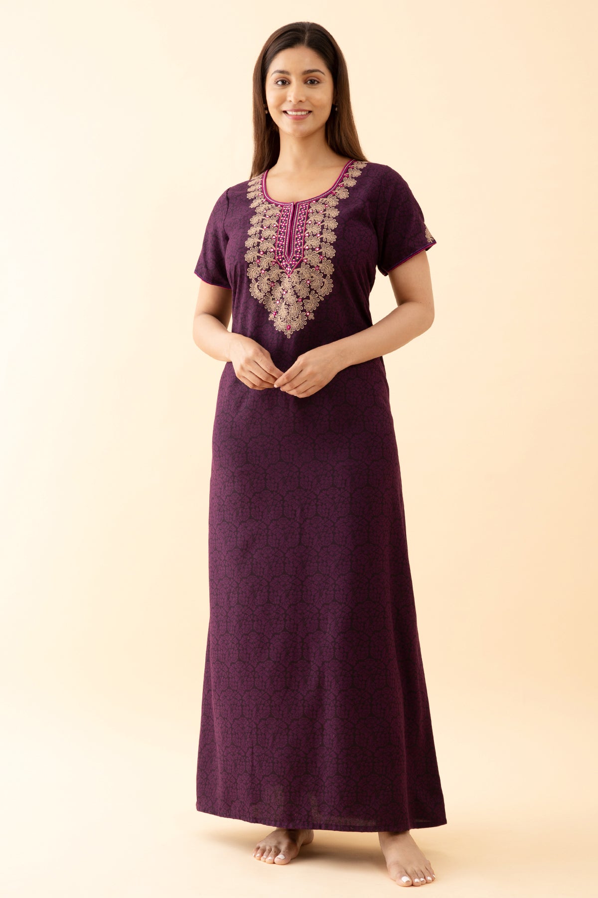 All Over Floral Printed Nighty With Embriodered Neckline Purple