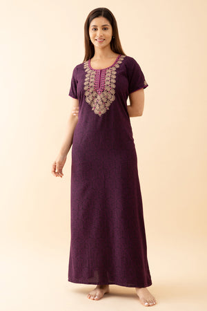 All Over Floral Printed Nighty With Embriodered Neckline Purple