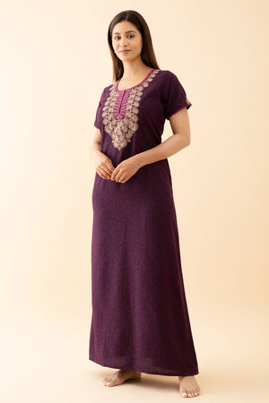All Over Floral Printed Nighty With Embriodered Neckline Purple