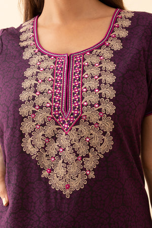 All Over Floral Printed Nighty With Embriodered Neckline Purple