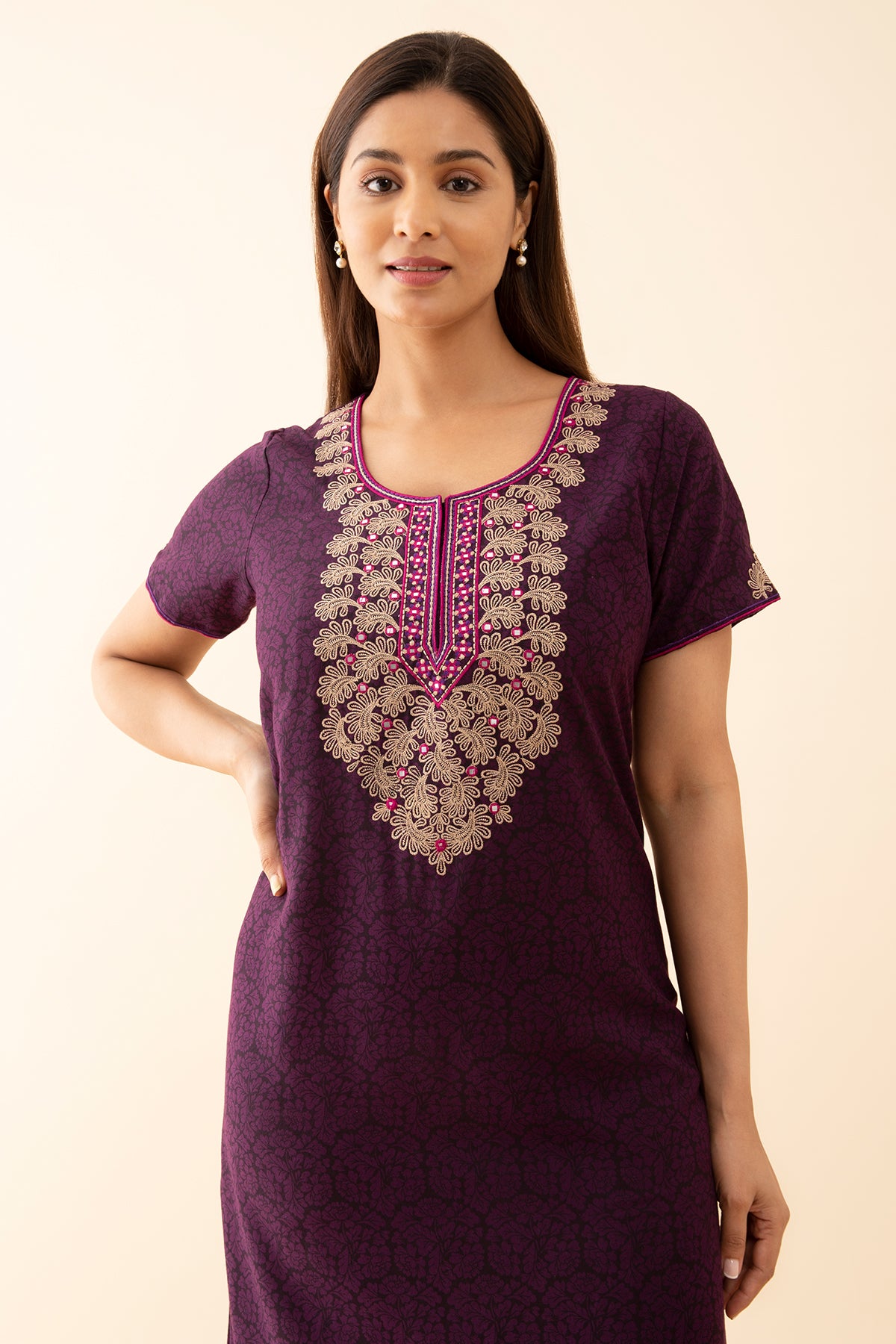 All Over Floral Printed Nighty With Embriodered Neckline Purple