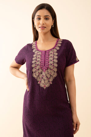 All Over Floral Printed Nighty With Embriodered Neckline Purple