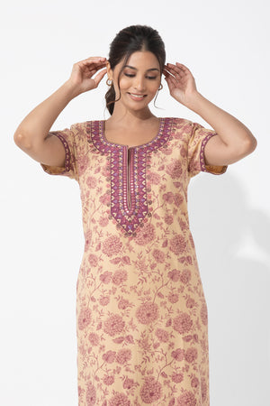 Botanical Floral Printed Beige & Mauve Embroidered Nighty