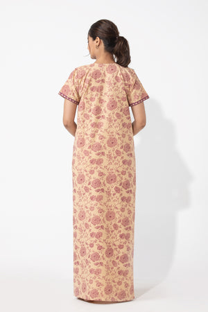 Botanical Floral Printed Beige & Mauve Embroidered Nighty