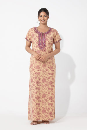 Botanical Floral Printed Beige & Mauve Embroidered Nighty