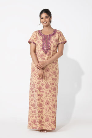 Botanical Floral Printed Beige & Mauve Embroidered Nighty