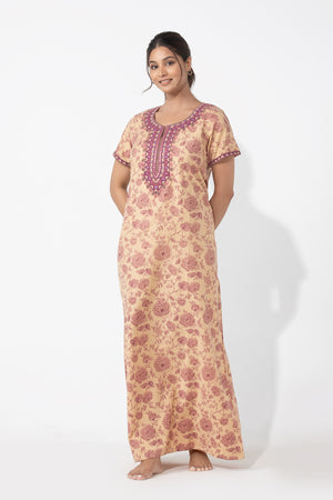 Botanical Floral Printed Beige & Mauve Embroidered Nighty