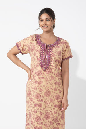 Botanical Floral Printed Beige & Mauve Embroidered Nighty