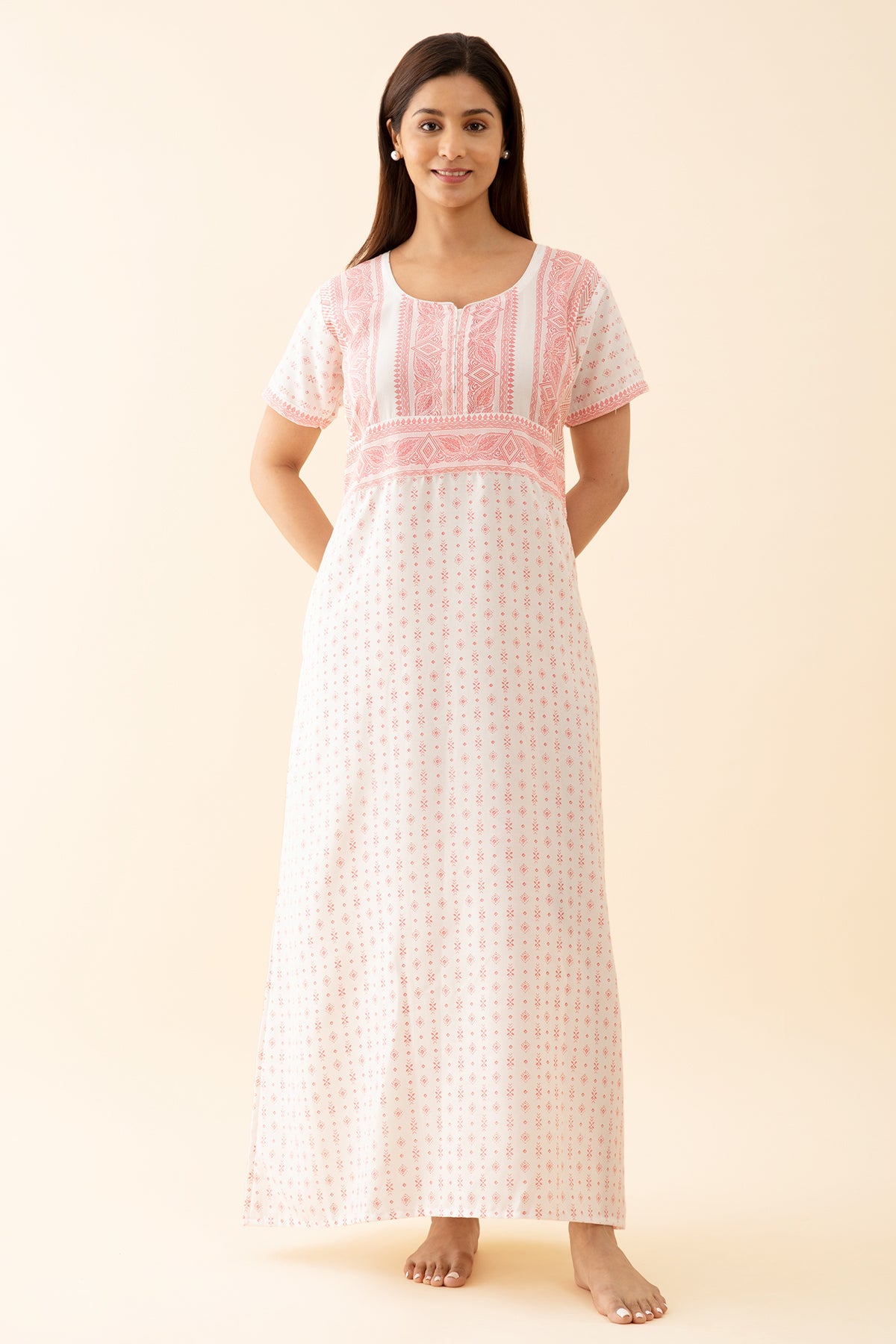 All Over Geometric Printed Nighty With Contrast Yoke White