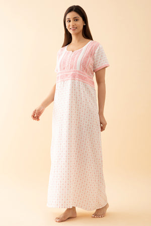 All Over Geometric Printed Nighty With Contrast Yoke White