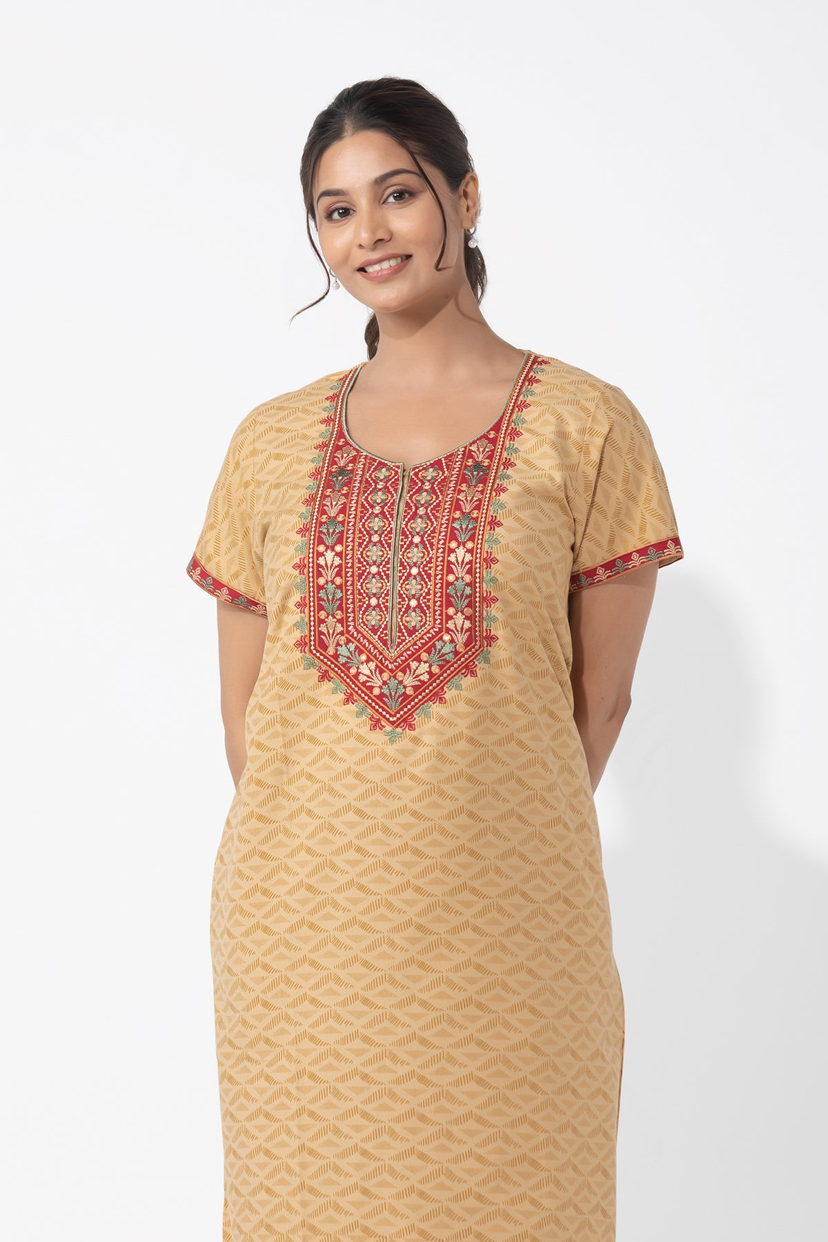 Abstract Printed Beige Nighty with Embroidered Yoke