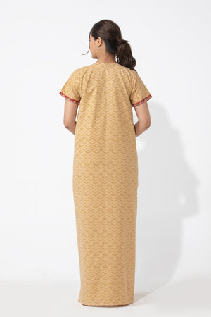 Abstract Printed Beige Nighty with Embroidered Yoke