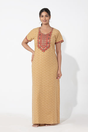 Abstract Printed Beige Nighty with Embroidered Yoke
