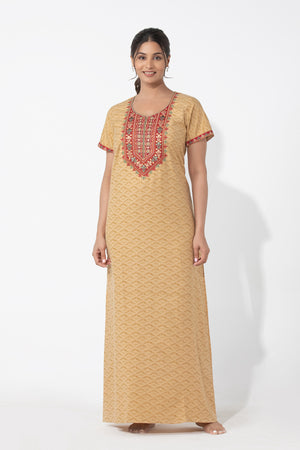 Abstract Printed Beige Nighty with Embroidered Yoke