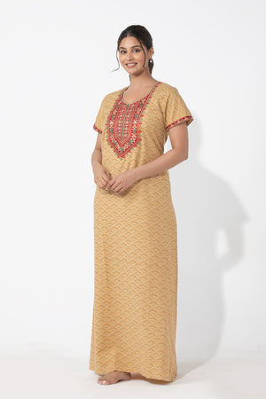 Abstract Printed Beige Nighty with Embroidered Yoke