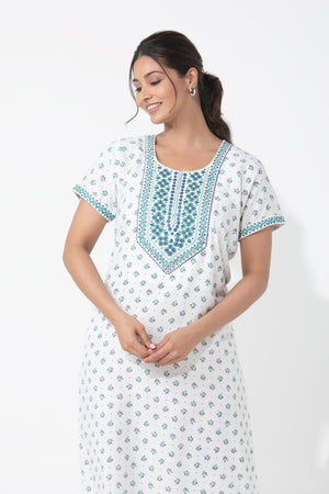 Ditsy Floral Printed & Embroidered White Nighty