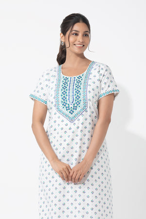 Ditsy Floral Printed & Embroidered White Nighty