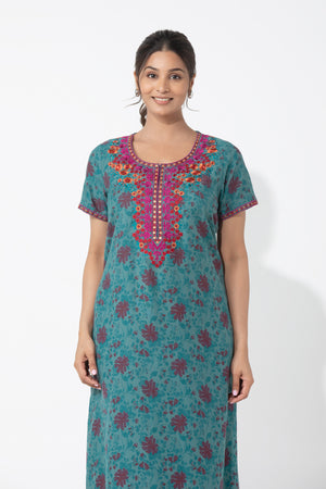 Monotone Floral Printed Turquoise Nighty with Embroidered Yoke