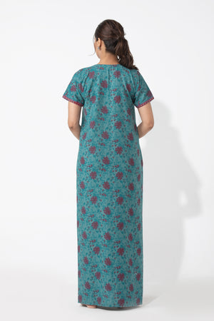 Monotone Floral Printed Turquoise Nighty with Embroidered Yoke