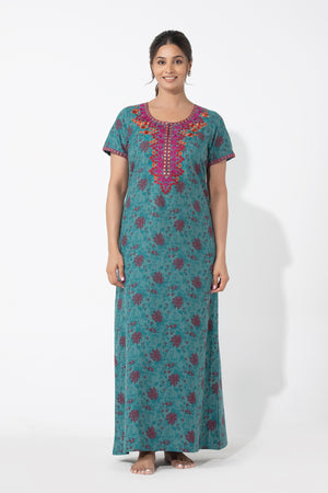 Monotone Floral Printed Turquoise Nighty with Embroidered Yoke