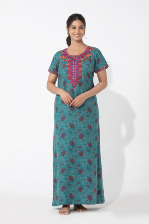 Monotone Floral Printed Turquoise Nighty with Embroidered Yoke