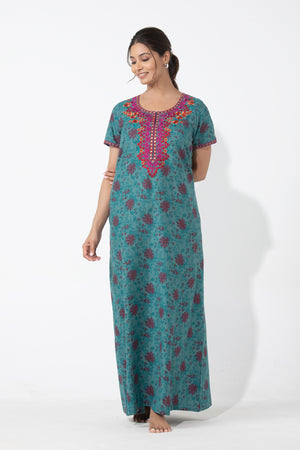 Monotone Floral Printed Turquoise Nighty with Embroidered Yoke