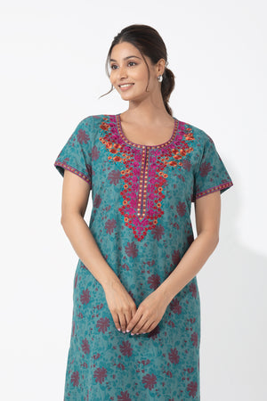 Monotone Floral Printed Turquoise Nighty with Embroidered Yoke