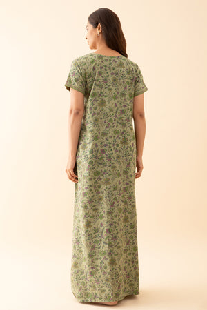All Over Floral Printed Nighty With Geometric Motif Yoke Light Green