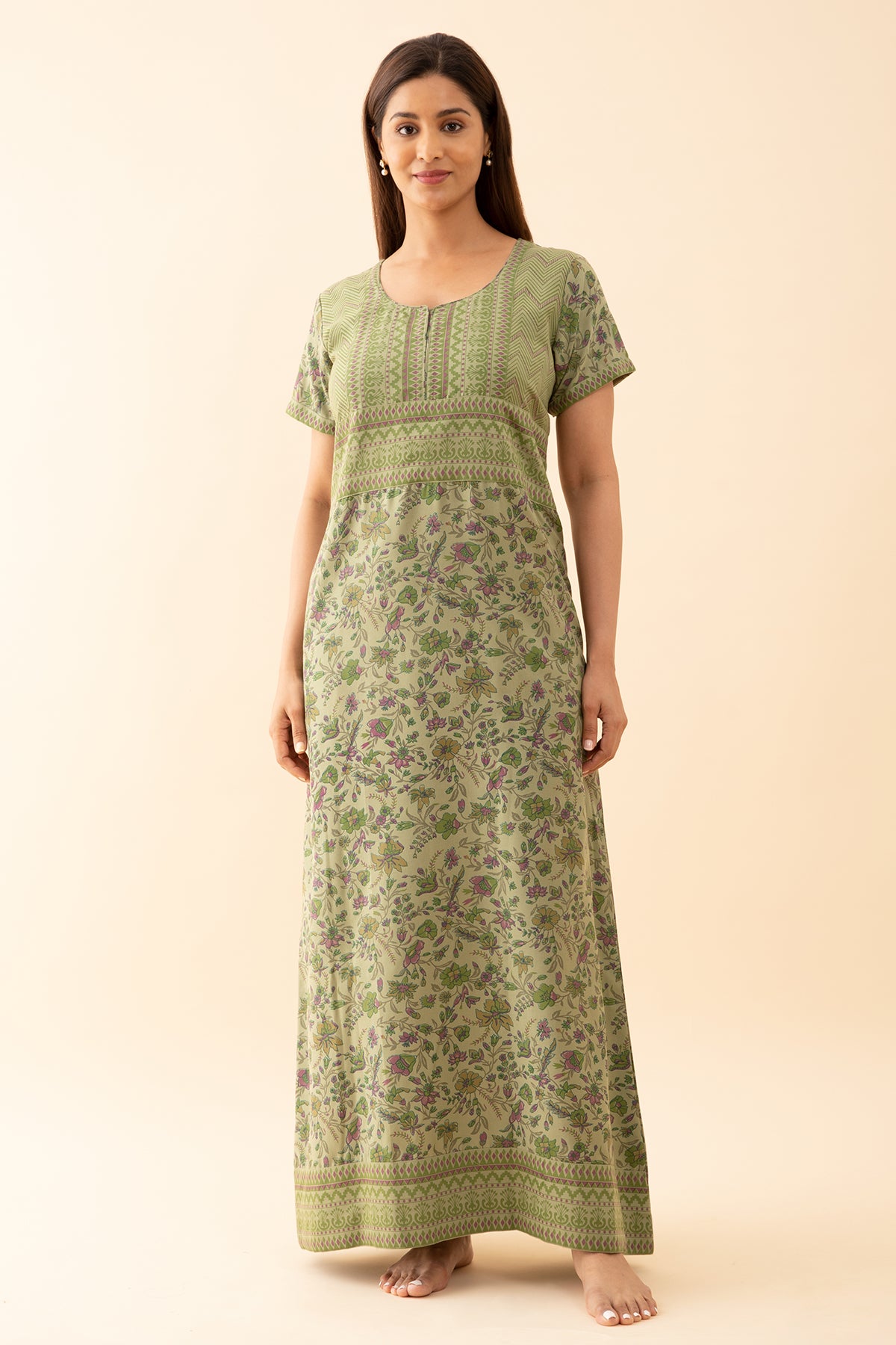 All Over Floral Printed Nighty With Geometric Motif Yoke Light Green
