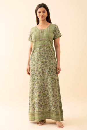All Over Floral Printed Nighty With Geometric Motif Yoke Light Green