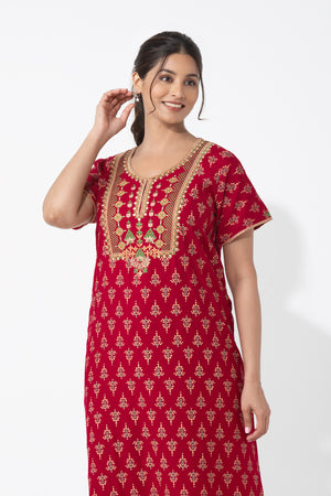 Floral Printed & Embroidered Red Nighty