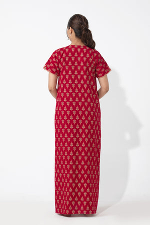 Floral Printed & Embroidered Red Nighty