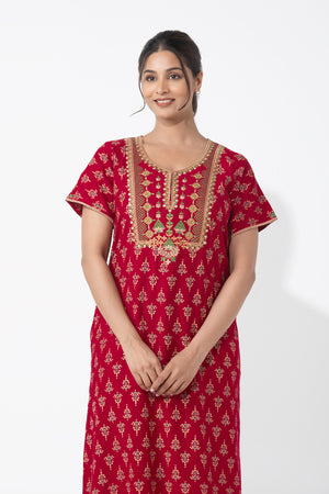 Floral Printed & Embroidered Red Nighty