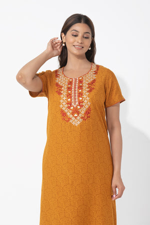 Botanical Floral Printed & Embroidered Mustard Nighty