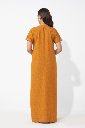 Botanical Floral Printed & Embroidered Mustard Nighty