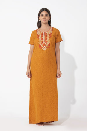 Botanical Floral Printed & Embroidered Mustard Nighty
