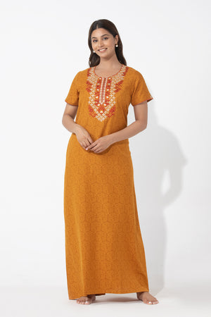 Botanical Floral Printed & Embroidered Mustard Nighty