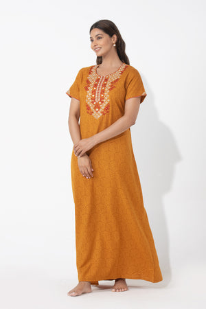 Botanical Floral Printed & Embroidered Mustard Nighty