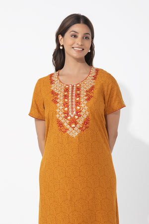 Botanical Floral Printed & Embroidered Mustard Nighty