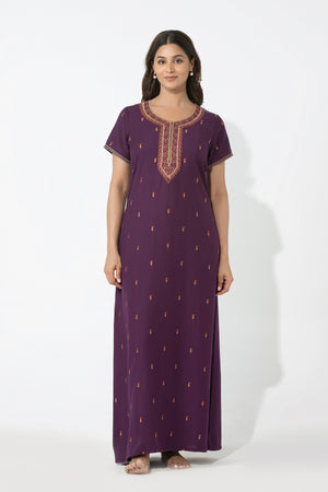 Paisley Embroiderd Purple Nighty with Ditsy Floral Yoke