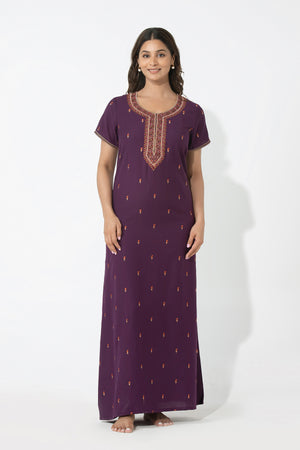 Paisley Embroiderd Purple Nighty with Ditsy Floral Yoke