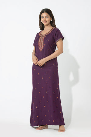 Paisley Embroiderd Purple Nighty with Ditsy Floral Yoke