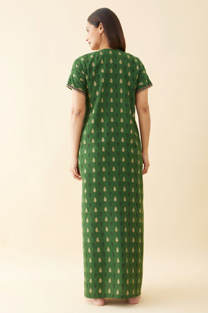Floral Printed Nighty with Contrast Embroidered Yoke Green
