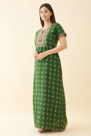 Floral Printed Nighty with Contrast Embroidered Yoke Green