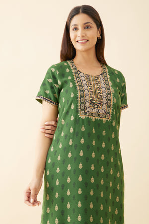 Floral Printed Nighty with Contrast Embroidered Yoke Green